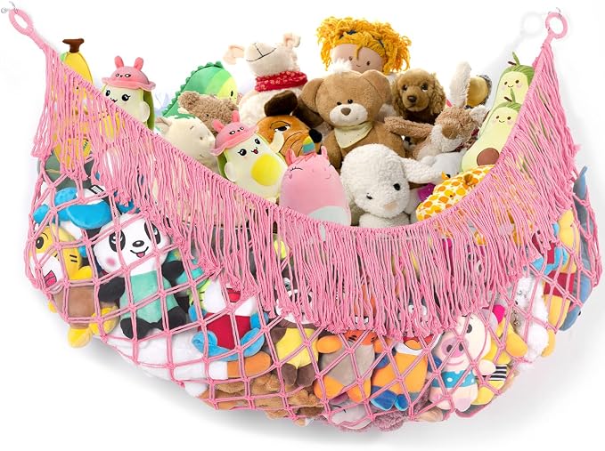 Stuffed Animal Hammock - Extra Large 56'' Long (Pink) | Premium Cotton Hand-knitted, Beautiful Long Tassel, Storage Hanging Organizer, Can Fit Stuffed Animals 30 Piece or More