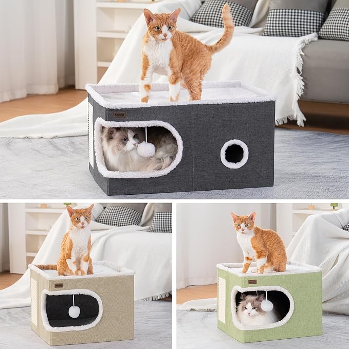 Garnpet Cat Bed for Indoor Cats Cube House, Covered Cat Cave Beds & Furniture with Scratch Pad and Hideaway Tent, Cute Modern Cat Condo for Multi Small Pet Large Kitten Kitty, Large, Green