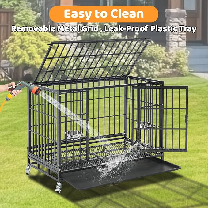 Homey Pet 37 Inch Two Tiers Stackable Dog Crates for Medium Dogs | Indestructible Heavy Duty Dog Cage with with Lockable Wheels, Removable Tray, Opent Top, Escape Proof Locks, Bowls