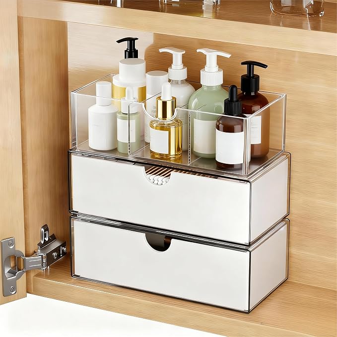 3 Tier Medicine Cabinet Organizer and Storage,Stackable Bathroom Medicine Organizer with Removable Dividers, Plastic Vanity Storage,White
