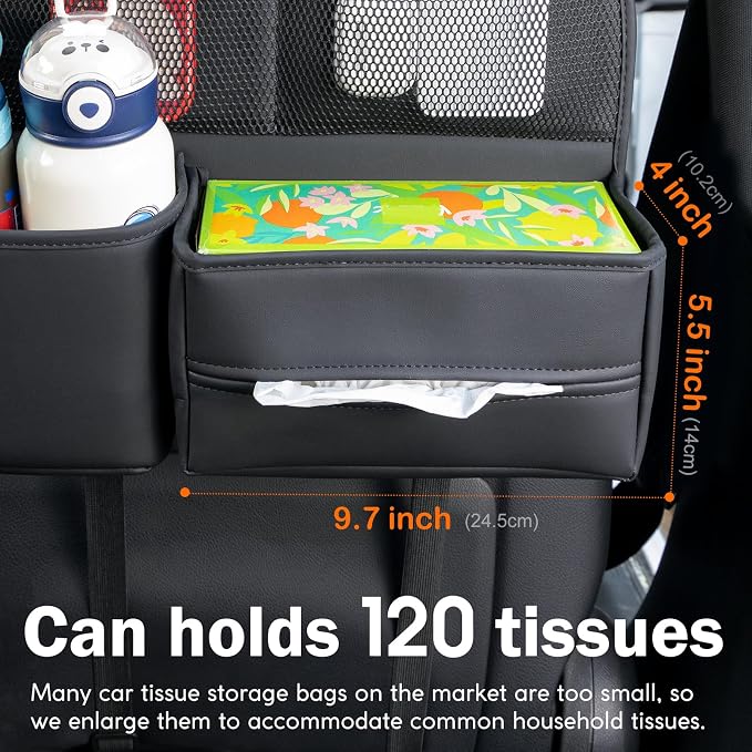 Multifunctional Car Seat Back Organizer with Large Tissue Box Holder, Large Water Bottle Storage, Phone Pouch for Road Trips (Black)