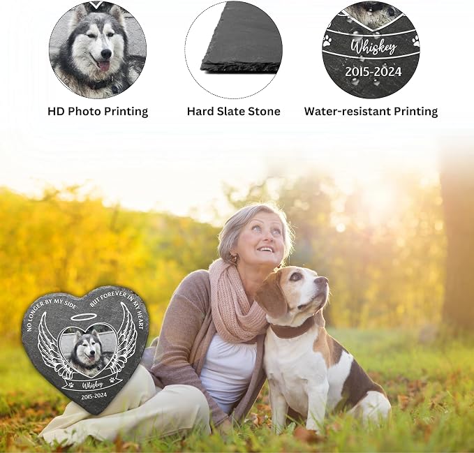 Wrappiness Pet Memorial Stone - No Longer by My Side Forever in My Heart, Personalized Dog Memorial Gifts, Remembrance Condolence Gifts for Loss of Pet Custom Photo (Heart 04, Stone with Stand)