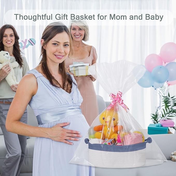 COMSE Small Gift Basket Empty with Bag & Ribbons, Folkstone Gray & White | Cotton Rope, 12"x 8"x 5", Pet Toy Storage Organizer, Woven Basket for Birthdays, Baby Showers, Mother’s Day, Valentine’s Day