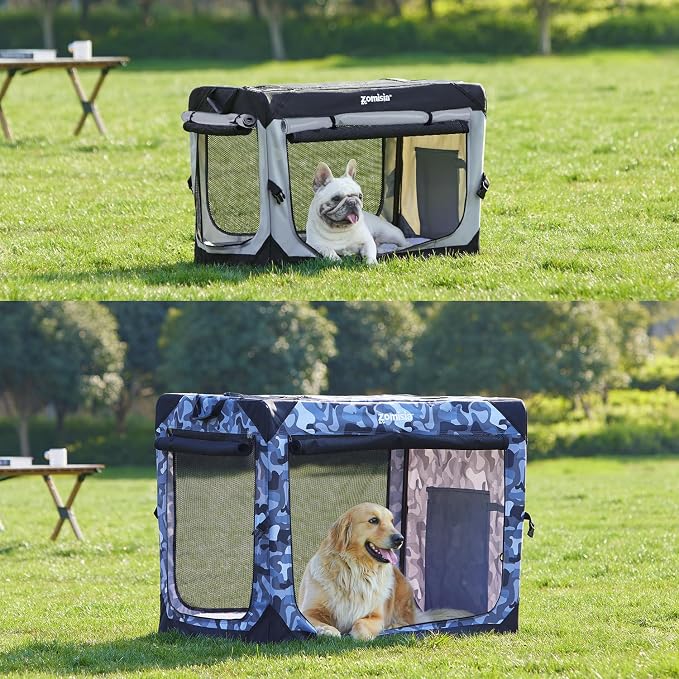 ZOMISIA Collapsible Dog Travel Crate for Medium Dogs, Portable Dog Crate | 30 Inch Dog Kennel Soft Sided, Easy Fold & Setup, Indoor & Outdoor, Breathable Mesh Windows, Built-in Leash, Plush Pad, Grey