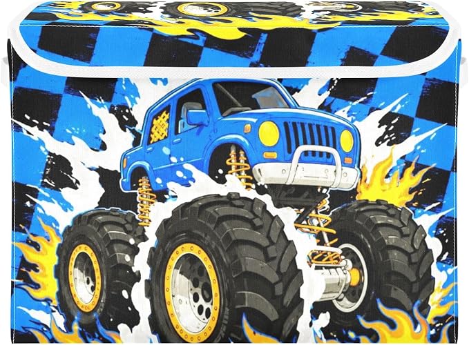 Fabric Storage Bins with Lid Monster Truck Closet Storage Basket 40L | Decorative Storage Boxes, Foldable & Stackable, Dust-Proof Flip Top, Reinforced Handles, For Home & Dorm, Clothes & Toy Box