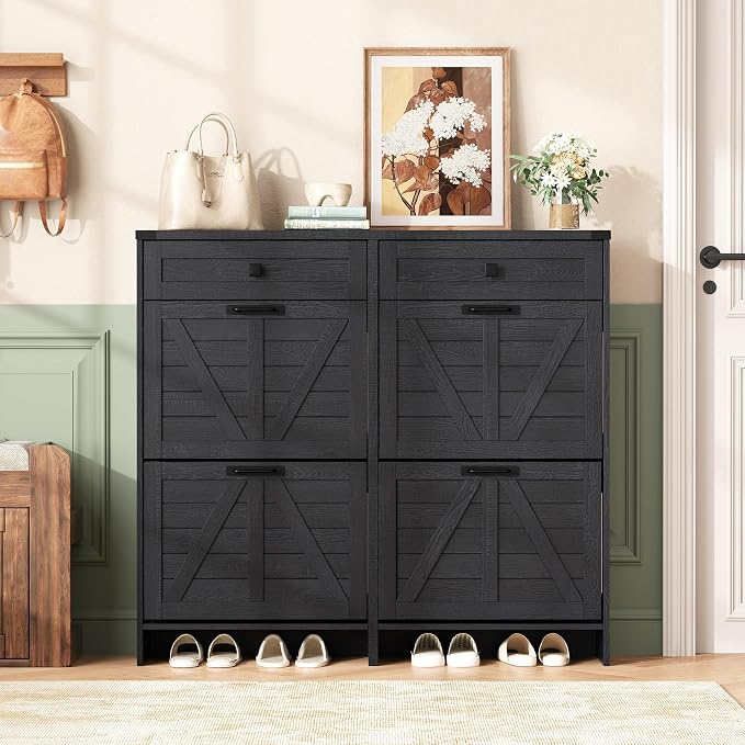 Halitaa Shoe Cabinet with 4 Flip Drawers & 2 Drawers,Farmhouse Shoe Storage Cabinet for Entryway,Slim Freestanding Organizer Rack for Front Door Entrance,Black
