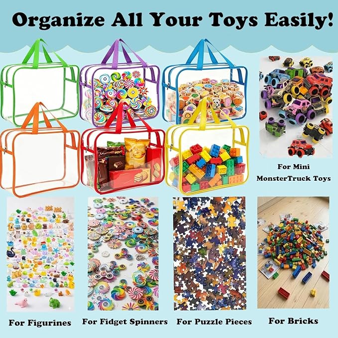 6 Pack Clear Toy Storage Bags with Zipper, Large Waterproof PVC Toy Organizer Bags for Kids, Reusable Puzzle Storage Pouches for Board Games, Books, Blocks and Classroom Supplies