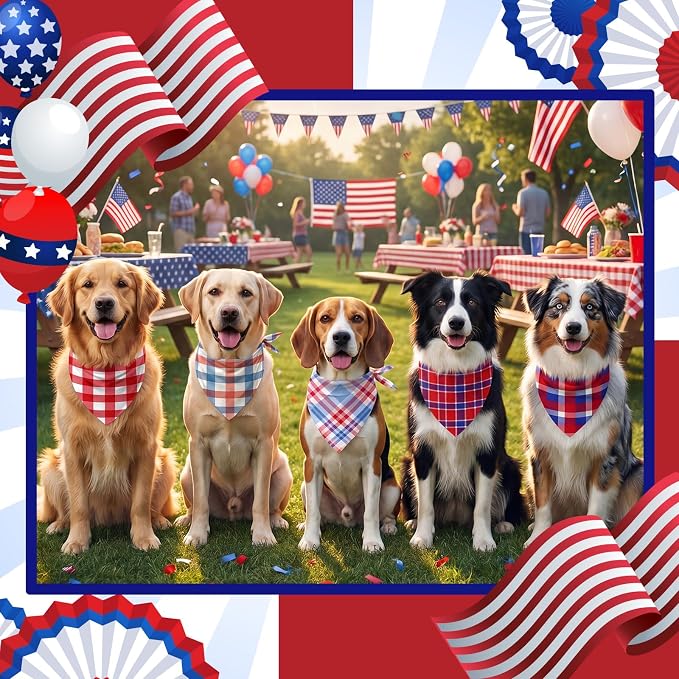 Abbylike 50 Pcs Patriotic Dog Bandanas Bulk, Red White & Blue Plaid
