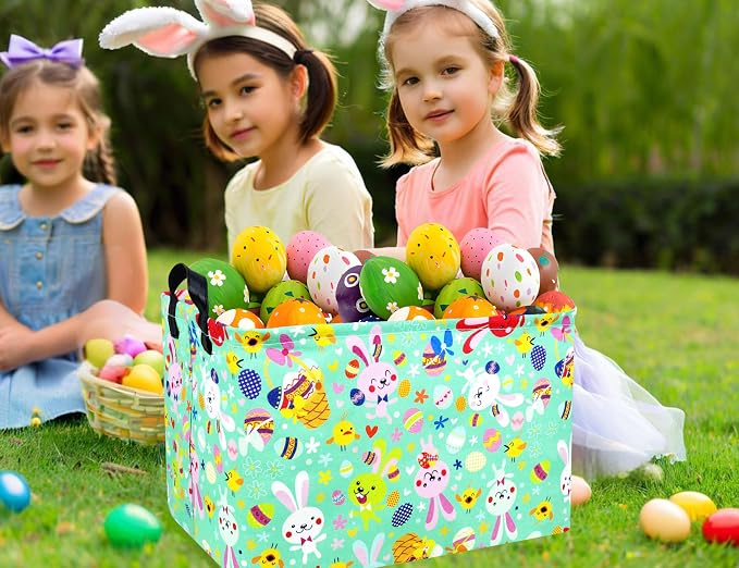 Large Rectangular Easter Baskets Empty Waterproof Boy Toy Box Foldable Kid's Gifts Storage Bin Spring Room Decor(Green Dancing Rabbit)