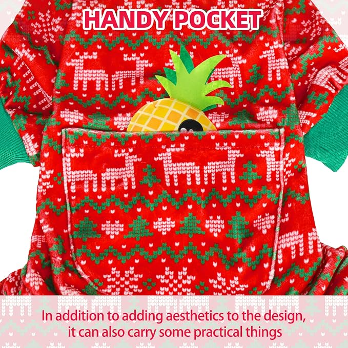 PUPTECK Soft Fleece Dog Pajamas for Small Medium Dogs, Dog Onesie Puppy Sweaters Clothes Jumpsuit Pjs, Cute Jammies Cat Coat Pet Costume Apparel, Red&Green XXL
