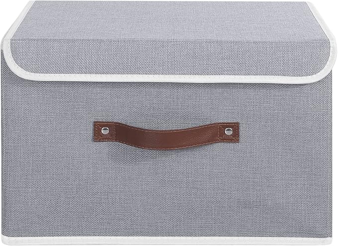 ANMINY Fabric Storage Box Bins with Lids, Gray, 15"x10"x10" | Keepsake Memory Storage, Cotton Linen, PP Board Reinforced, Washable, PU Handles, Foldable & Stackable, Decorative, Large