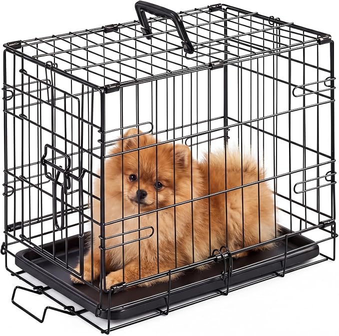 DUMOS 18 Inch Dog Crate, Foldable Puppy Small Dog Cage Pet Kennel | Single Door Metal Wire, Plastic Leak-Proof Pan Tray, Portable Indoor Outdoor Training Travel