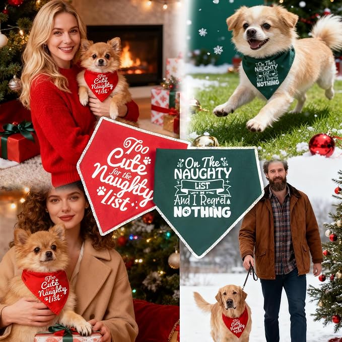Christmas Dog Bandanas - On the Naughty List and I Regret Nothing, Naughty & Nice Idea Funny Holiday Stocking Pet Scarf Gifts Solid Green, Small & Medium Breed, 5-25lbs