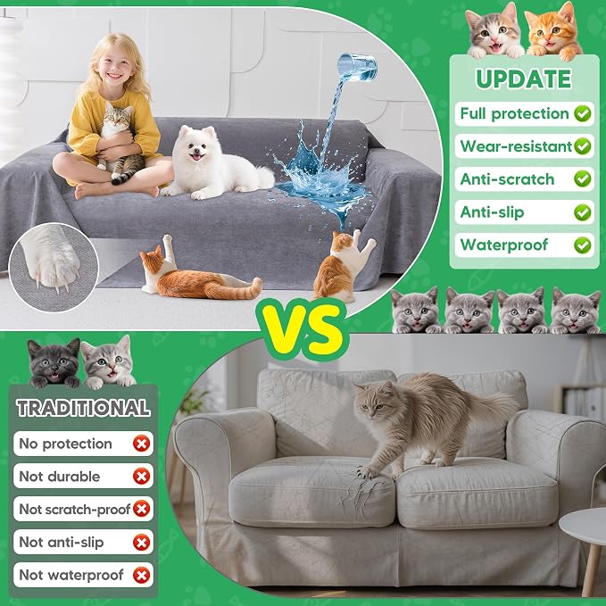 Loiion Cat Scratch Proof Furniture Protector Waterproof Sofa Cover 91"x71" | Pet-Friendly Couch Protector, Anti-Scratch & Anti-Slip Sofa Cover For Cats Dogs Kids, Machine Washable