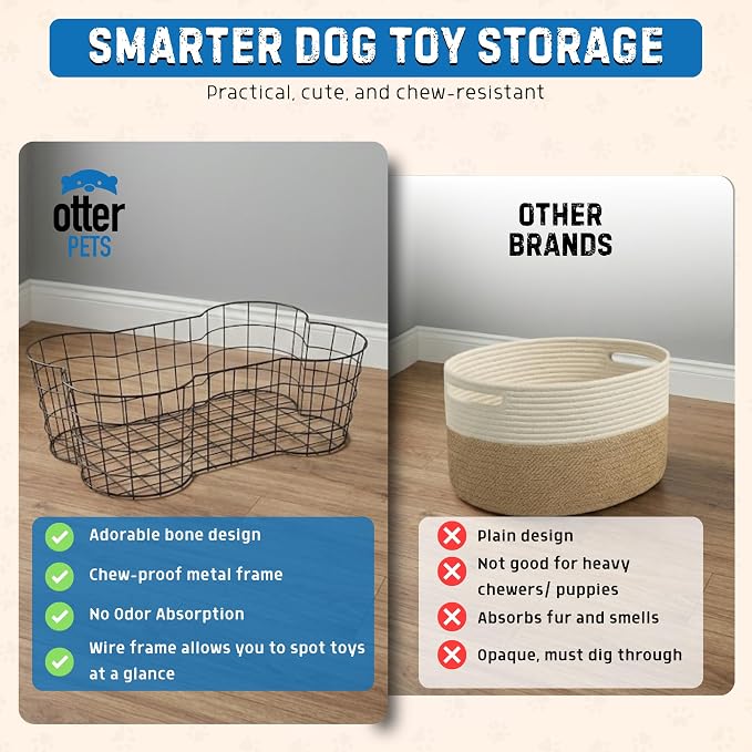 OtterPets Metal Dog Toy Basket, Bone Shaped Chew Proof Dog Toy Bin 23"x15" | 23" long, 15" wide, 8" tall, metal wire dog storage organizer, dog toy bin, dog toy box, pet toy basket,, dog toy storage