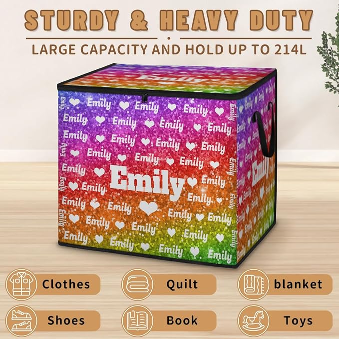 Personalized Storage Bags with Lid Large Blanket Love Heart Organization and Storage Containers for Comforters,Bedding, Foldable Organizer with Reinforced Handle, Deep Bright Color Sequins Glitters