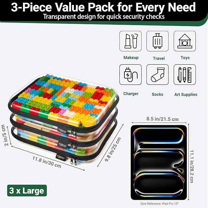 YQBRAO Clear Hard Shell Zipper Cases, 3 Large Travel Organizers, Black | Rigid 1.2 mm PET and YKK dual zippers for full-size toiletries, makeup palettes, electronics and craft supplies