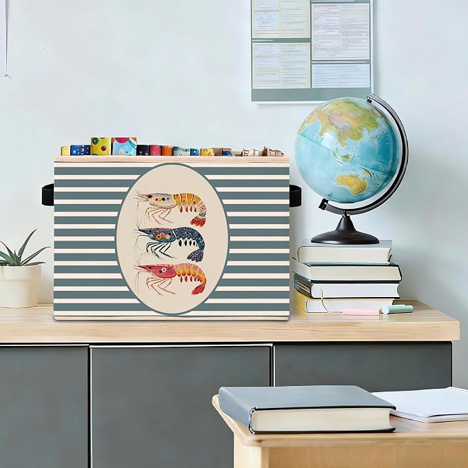 Shrimp Storage Bin, Nautical Ocean Blue Stripe Fabric Basket | Foldable shrimp fabric organizer for nursery, bedroom, bathroom, toys, books, and clothes