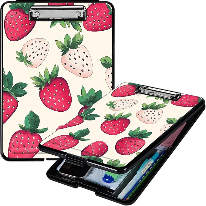 Heavy Duty Storage Clipboard, Slim Nursing Clipboard with Internal Pen Case, Portable File Organizer Case for A4 Letter Size Paper Office Medical Professionals, Pink Strawberry