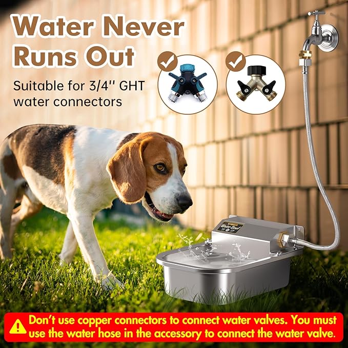 PETTEN 3L Automatic Dog Water Dispenser, Stainless Steel Self-Filling Water Bowl for Large Dogs & Outdoor Auto-Filling Fresh Water with 3/4" GHT Hose Connection