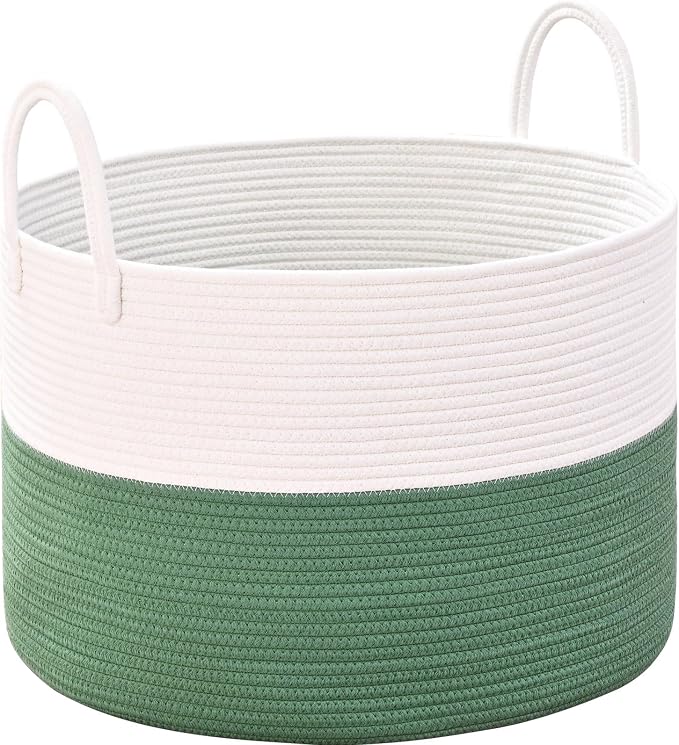 67L Large Woven Blanket Basket, Cotton Rope Baby Laundry Hamper with Handles, Kids Toy Basket for Classroom & Nursery, Soft Round Stuffed Animal Storage, Dog Toy Bin - 20"x13", Green