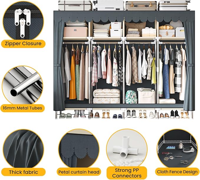 Large Portable Armoire Wardrobe Closet with 4 Hanging Rods and Lockers,Metal Storage Wardrobe Clothes Rack with Dust Cover for Clothes,16.7 in Wide,Bedroom,Gray (Grey, 77.5 in)