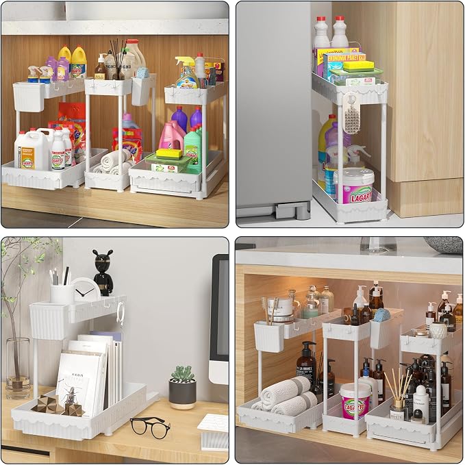 3-Pack 2-Tier L-Shaped Under Sink Organizers with Sliding Drawers | Multi-use kitchen & bathroom storage, 12.85 inch white cabinet organizer, space-saving sliding drawer design.