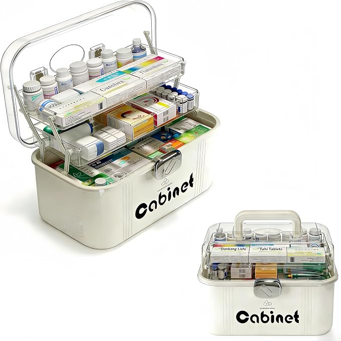 Family First Aid Medical Box - Large Capacity 3-Layer Portable Medicine Cabinet with Clear Organizer Trays, BPA-Free Plastic Storage Case for Home, Travel, Emergency Supplies (White)
