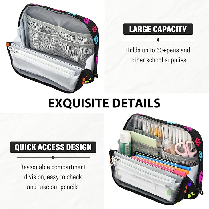 Aslsiy Large Capacity Pencil Case Bright Color Pet Paws (3) Pencil Pouch for Boys Girls Portable Pen Bag Organizer Standing Makeup Bag for School Office Supplies