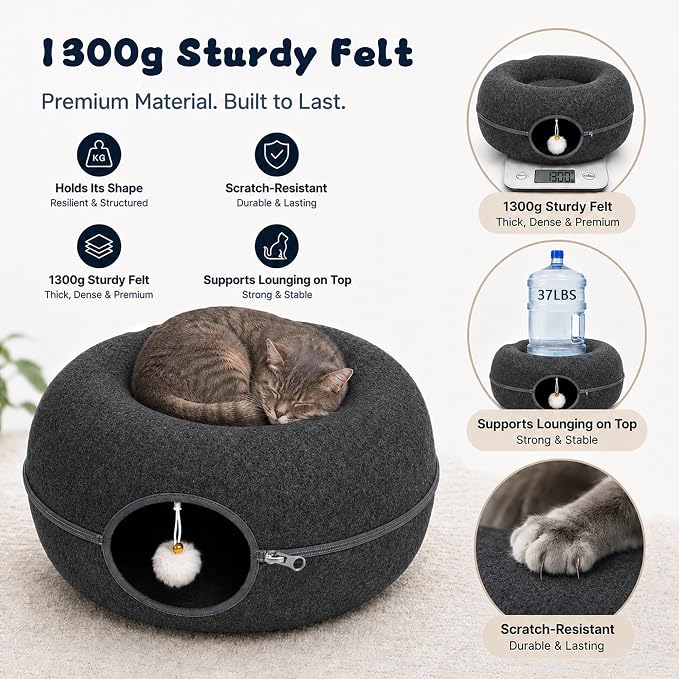 Felt Cat Tunnel for Large Indoor Cats, 24" x 24" x 12" Peekaboo Cave Bed | Dark Grey 24" x 24" x 12" sturdy 1300g felt cave with 7" entrance, rear peek hole, large zipper and hanging ball.