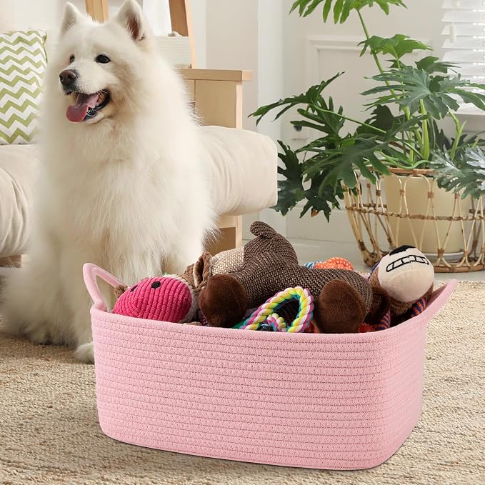 OIAHOMY 19L Woven Basket, Gift Basket Empty with Gift Bags and Ribbons, Rope Baskets for Baby Showers, Storage Baskets with Handles for Nursery, Pet Toy Organizer - Pink