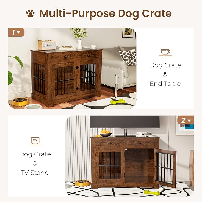 Dog Crate Furniture with Storage Dog Kennel w/2 Drawers, 44.5'' Heavy-Duty Wooden Dog House Indoor End Table Tv Stand with Charging Station Pet Cage for Small/Medium Dogs(Brown)