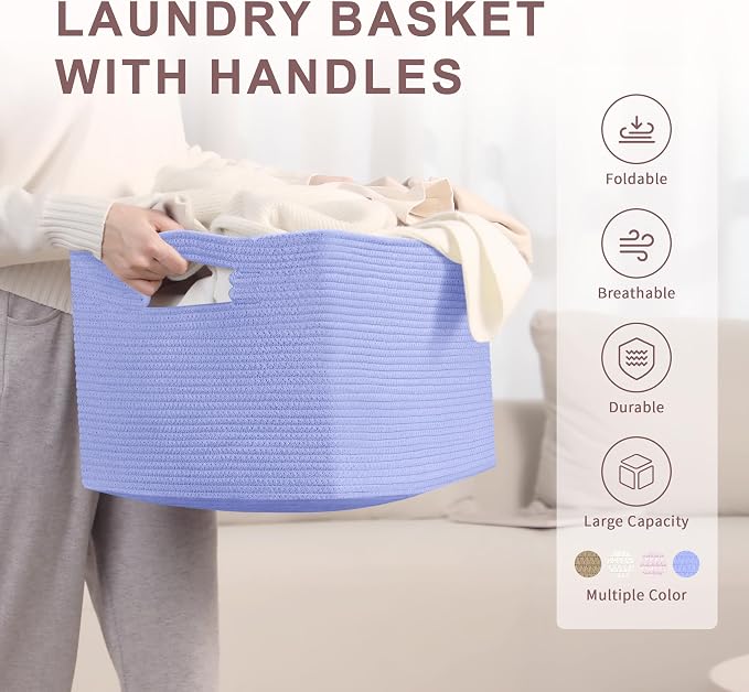 60L Woven Laundry Basket Hamper with Handles, Blue Purple | collapsible wicker hamper, storage for dirty clothes, toys, blankets, gifts, living room, bedroom, bathroom, 21"x15"x11"