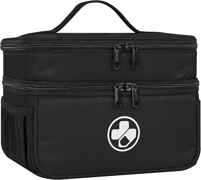 Dual Layers Medicine Organizer, Lockable Travel Pill Bag, Black | Adjustable dividers for neat pill organization. Durable zippers & portable design suit daily use, travel or first aid kit
