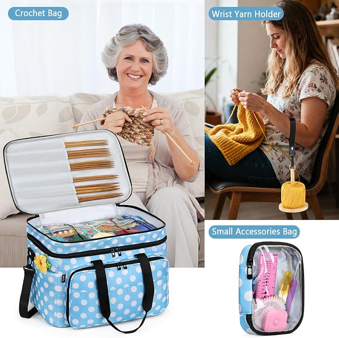 Crochet Organizer Bag with Yarn Holder, Large Yarn Storage for Accessories | 3PCS Crochet Knitting Bag with Accessory Pouch for Hooks, Needles, Travel Tote, Crochet Lovers, Gift for Crafters, No-Tangle