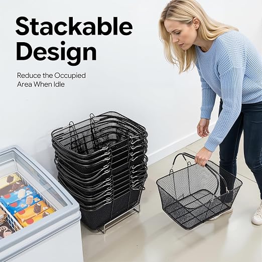 12PCS Shopping Baskets with Handles, 15.7x12x7inch Metal Storage Bins Grocery Baskets, Portable Shop Basket Used for Supermarket, Retail, Bookstore (Black Metal)