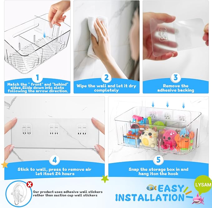 Bath Toy Storage 2 Packs, Large Bath Toy Holder - 3 Compartments, Quick-Dry | BPA-Free Bathtub Toy Organizer, Wall-Mounted Adhesive Shower Caddy, Bathroom Toy Basket & Bin for Baby, Toddler, Kids, Clear