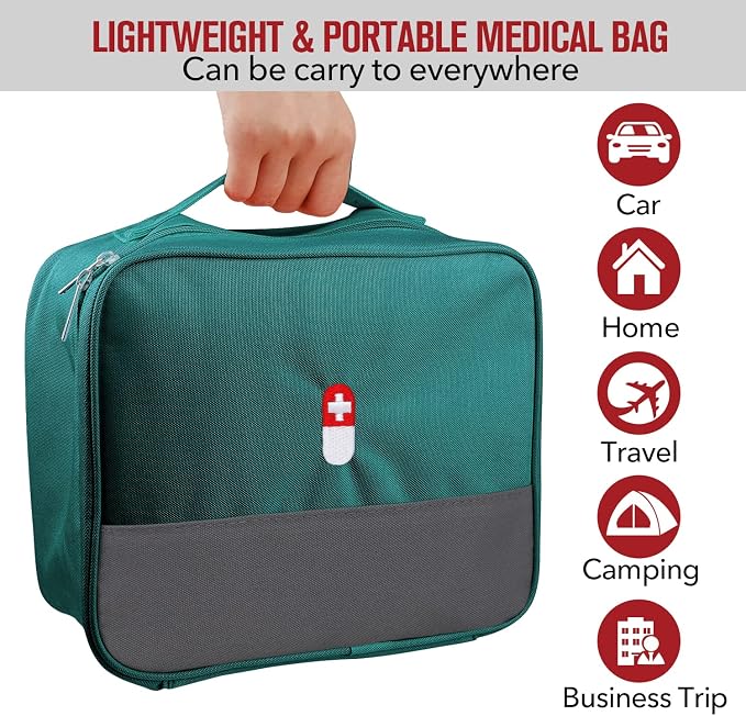 First Aid Bag, Empty Medical Supplies Organizer Bag Portable Trauma Kit for Home Office Kitchen Traveling Hiking Camping Backpacking Cycling, Green