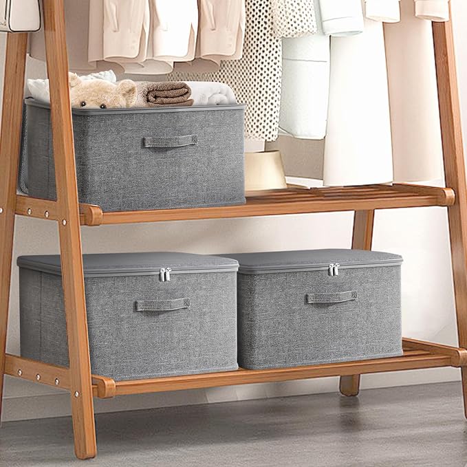 Collapsible Storage Bins for Home Organization,Grey storage Bins Waterproof Fabric Foldable Organizer Boxes [3 Pack], 15.75in x 11.81in x 8.27in (40CM x 30CM x 21CM)