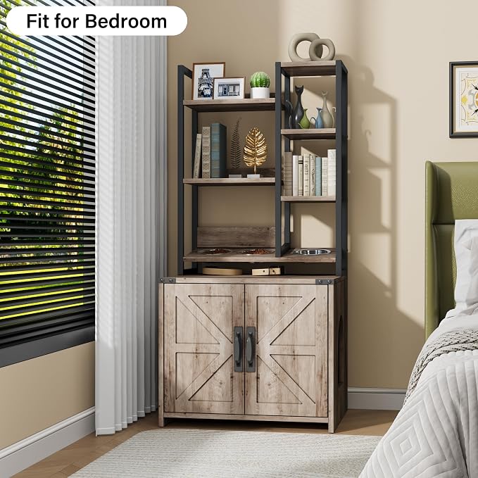 Saudism Cat Litter Box Enclosure with Storage Shelves, Tall Cat Litter Box Furniture Hidden with Feeding Station, Farmhouse Cat LitterBox Cabinet with Barn Door for Living Room, Bedroom, Gray