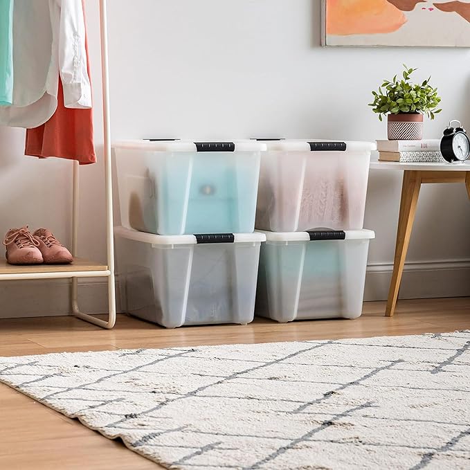 IRIS USA 4-Pack 40 Quart Storage Bins with Lids, Pearl | Conceals contents for a clean look. Perfect for moving, blankets, clothing, and garage storage. Nestable design saves space