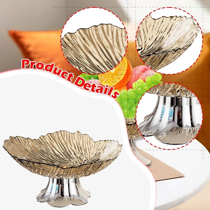Pedestal Fruit Bowl, Snack Storage Holder, Fruit Tray, Dessert Display Stand, Decorative for Living Room Kitchen Home, E with Silver Base, Gold