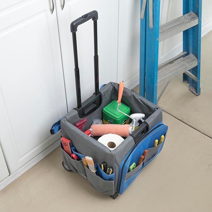 Folding Mobile Utility Cart, Canvas Organizer Bag, Blue/Grey | Durable plastic, 30 compartments, adjustable handle, 40 lb capacity, collapses to 3" thick, rolling wheels for easy transport