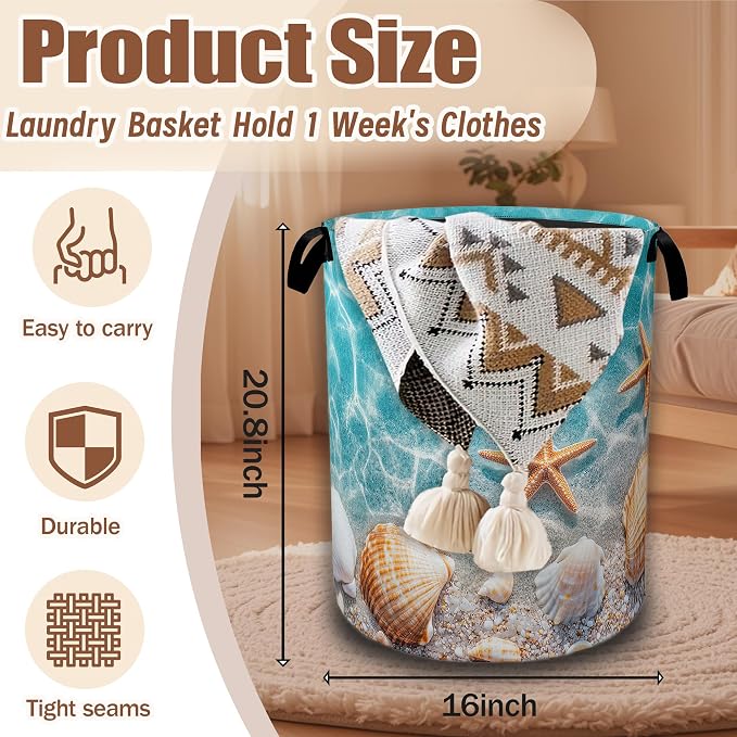 Laundry Hamper,Starfish and Seashell on Beach Collapsible Laundry Baskets Waterproof Oxford Cloth With Handles,Clothes Storage Bucket Toy Organizer For Bathroom/Nursery/Bedroom 16" x 20.8"