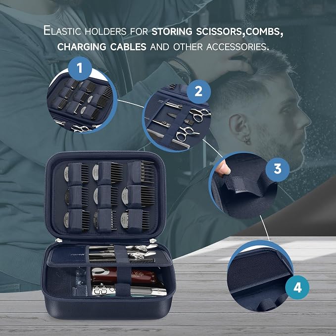 Hard Barber Accessories Case for Hair Clippers Mens Hair Cutting Barber | Barber Supplies Holder, Trimmer Organizer Storage Bag for Hair Cutting, Guard Grooming Kit (PU Navy Blue)