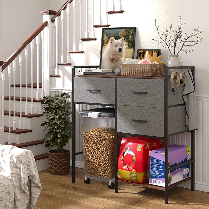 Extra Large Pet Storage Rack, Dog Food Storage Station with 3 Multi-Purpose Drawers & Side Hooks, Industrial Furniture Style Pet Supply Organizer, Fits Big Rolling Food Bins, Grey & Black