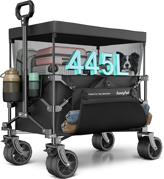 SUNNYFEEL Foldable Wagon Cart with Canopy - 445L Extra Large | 440 LBS Heavy Duty Utility Cart with All-Terrain Wheels, 3-in-1 Portable Wagon for Garden, Grocery, Camping, Beach, Shopping