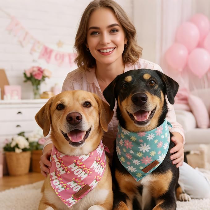 Realeaf Mothers Day Dog Bandanas 2 Pack, Reversible I Love My Mom Pet Scarf for Boy and Girl, Premium Durable Fabric, Valentines Day Bandana for Medium Large Dogs (Large)