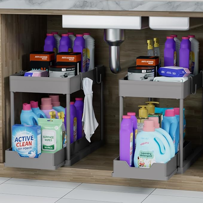 DEKAVA 2 Pack Under Sink Organizer, 2-Tier Sliding Cabinet Basket, Grey