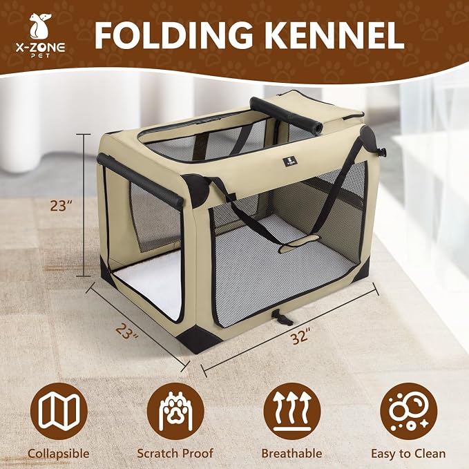 X-ZONE PET Dog Crate 3-Door Kennel, Collapsible Portable Soft Sided Pet Carriers for Indoor & Outdoor, Multiple (32-Inch, Rice White)